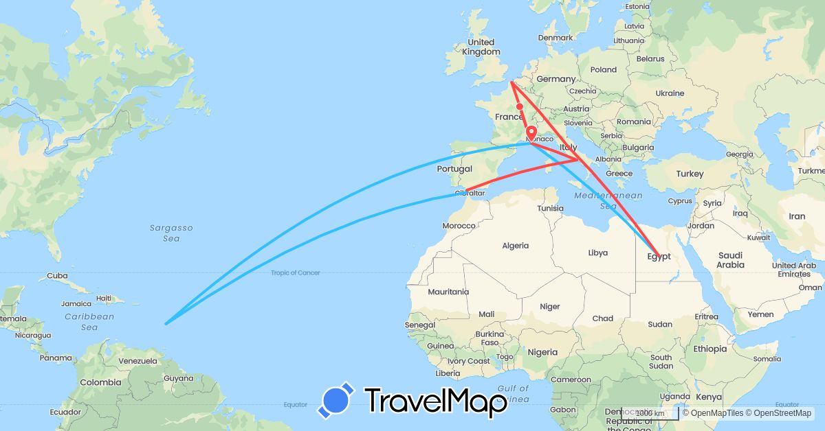 TravelMap itinerary: driving, hiking, boat in Egypt, Spain, France, Italy (Africa, Europe)